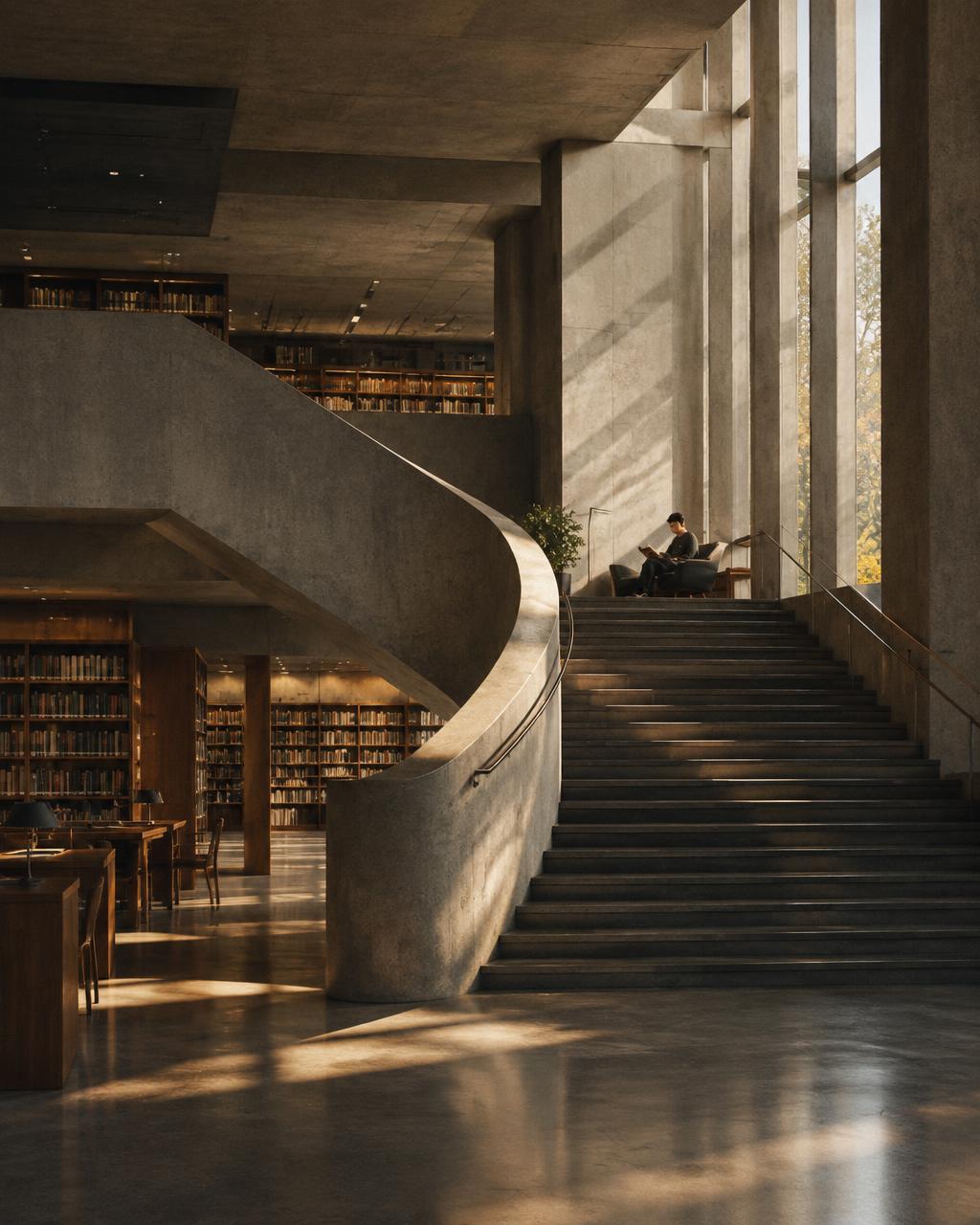 Sunlit concrete staircase in a public library