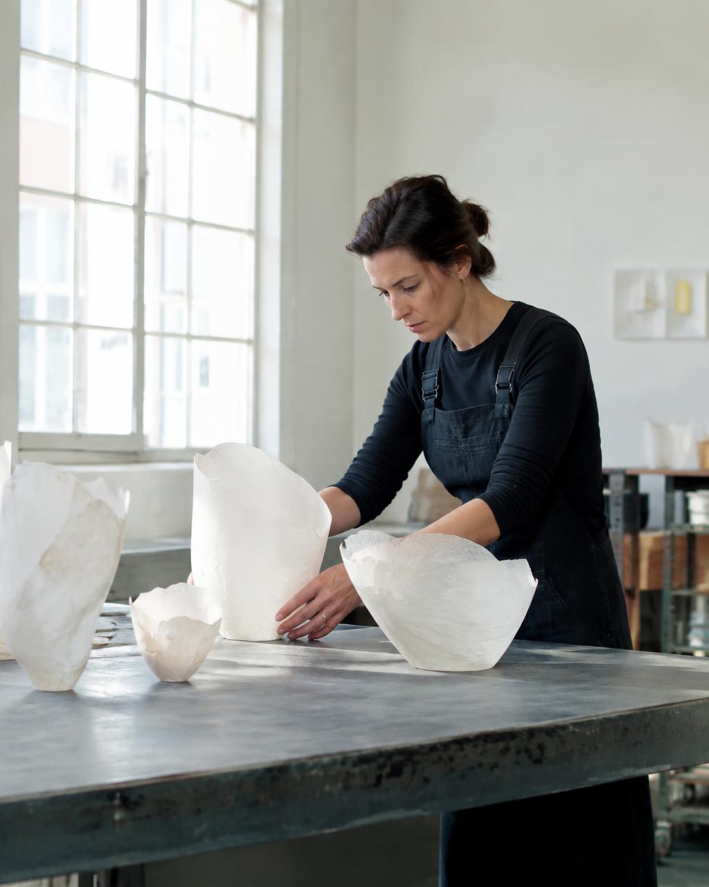 Ceramicist arranging white porcelain sculptures in a bright studio