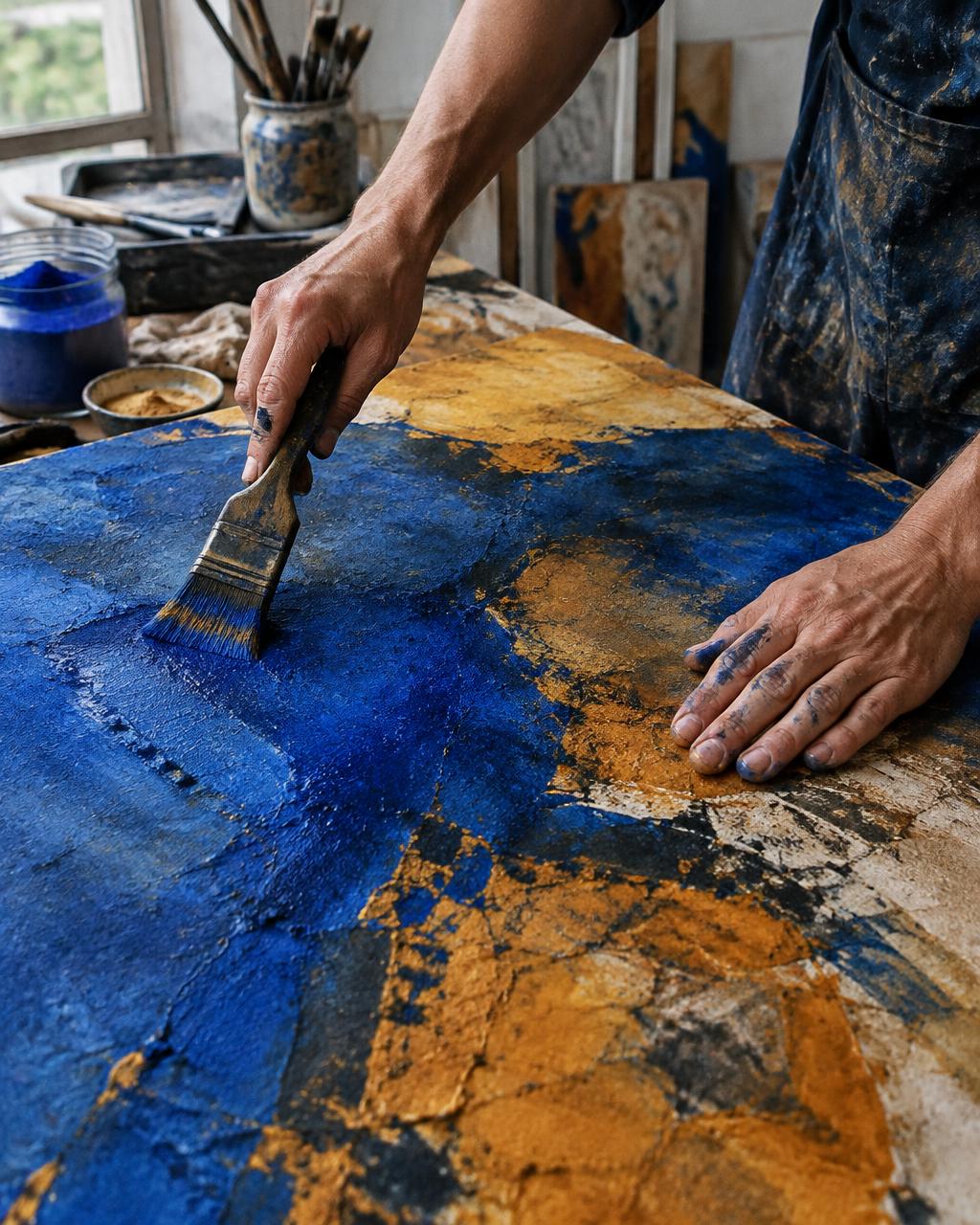 Hands painting a textured blue and ochre canvas